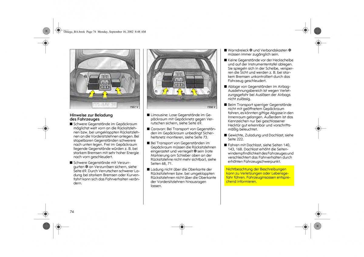 Opel Omega B FL Vauxhall Omega Cadillac Catera Handbuch / page 76