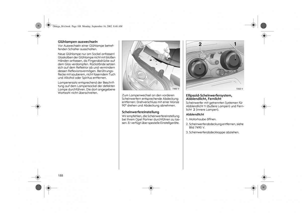 Opel Omega B FL Vauxhall Omega Cadillac Catera Handbuch / page 190