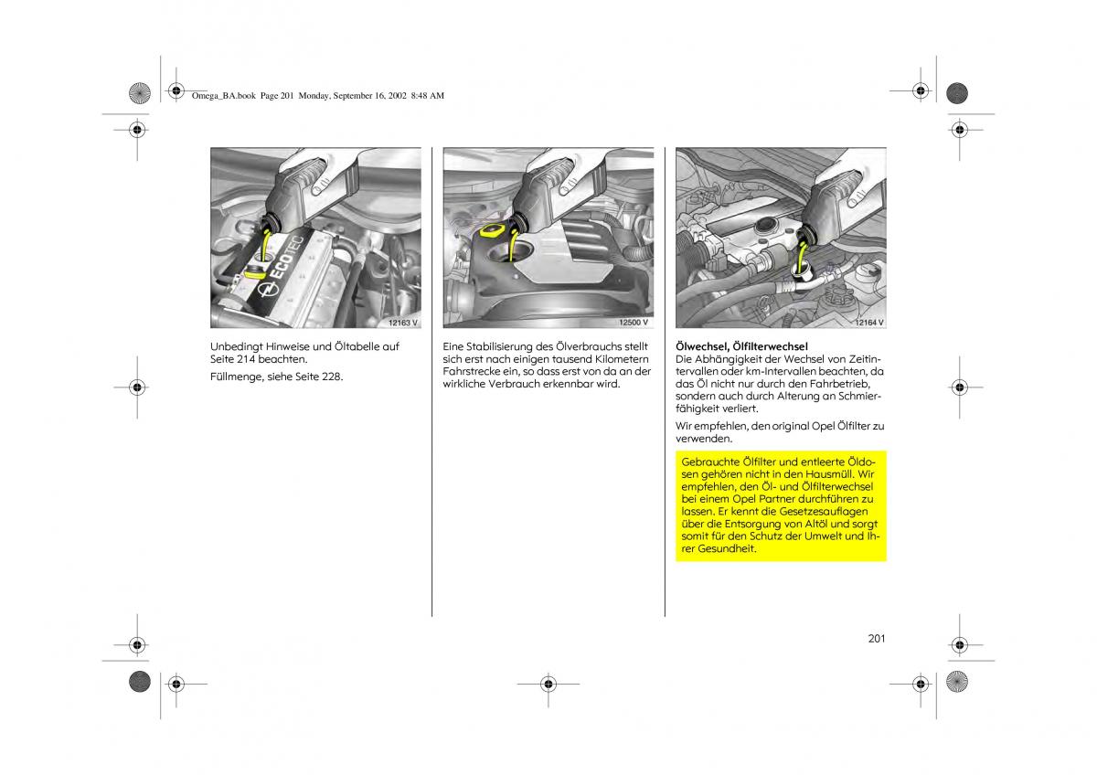 Opel Omega B FL Vauxhall Omega Cadillac Catera Handbuch / page 203