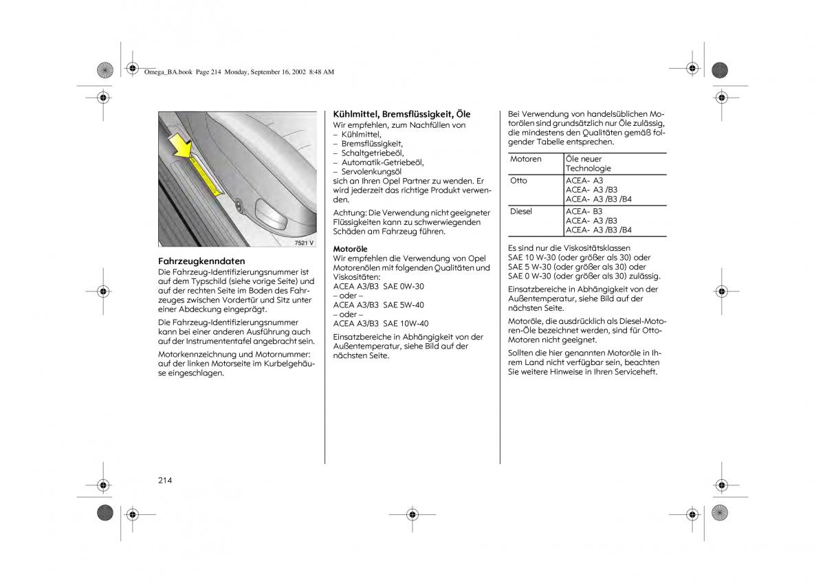 Opel Omega B FL Vauxhall Omega Cadillac Catera Handbuch / page 216