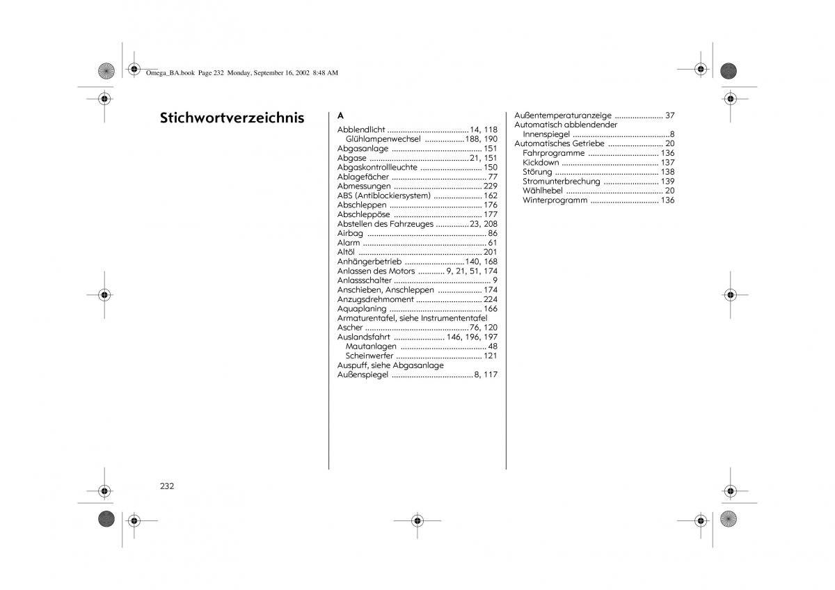 Opel Omega B FL Vauxhall Omega Cadillac Catera Handbuch / page 234