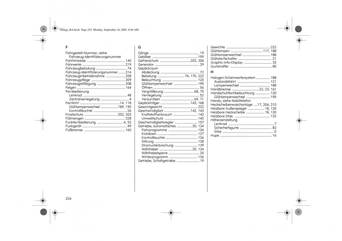 Opel Omega B FL Vauxhall Omega Cadillac Catera Handbuch / page 236