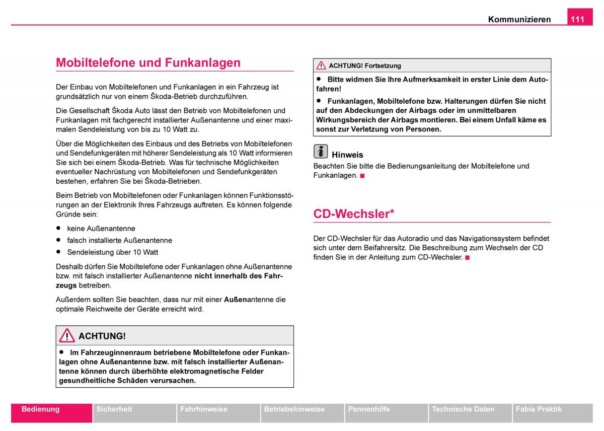 Skoda Fabia I 1 Handbuch / page 112