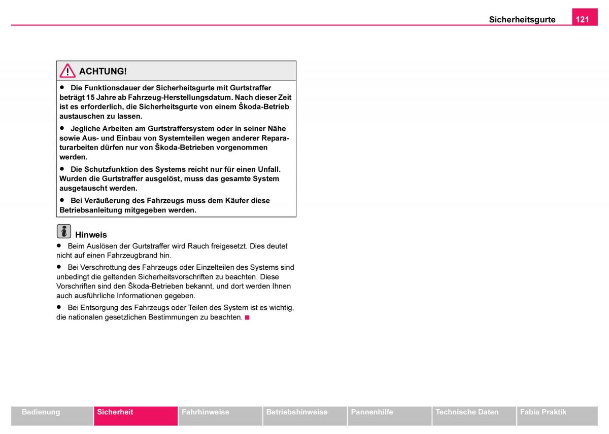 Skoda Fabia I 1 Handbuch / page 122