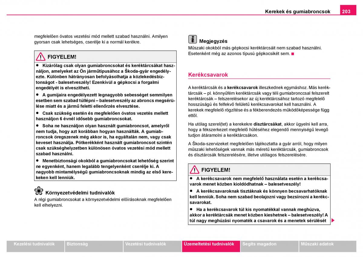 Skoda Fabia I 1 kezelesi utmutato / page 204