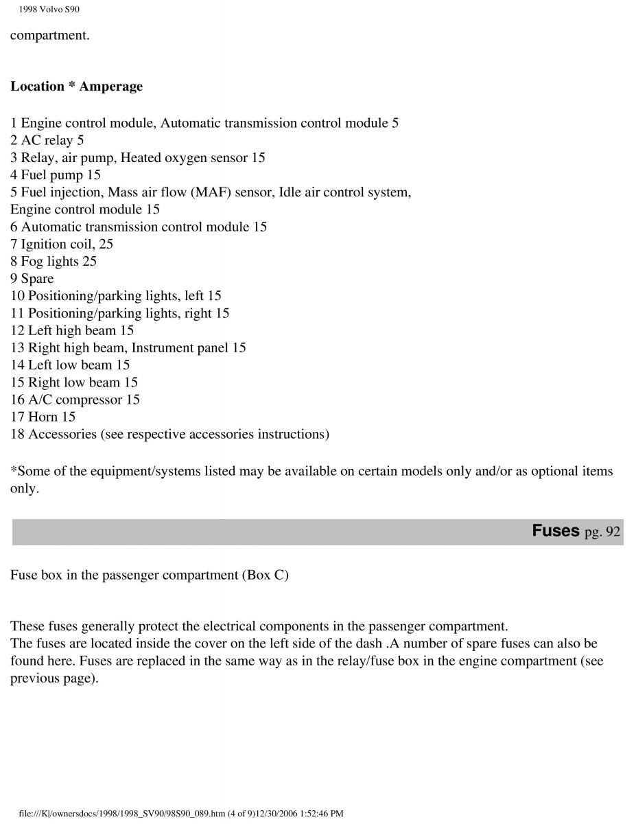 Volvo S90 V90 960 owners manual / page 100