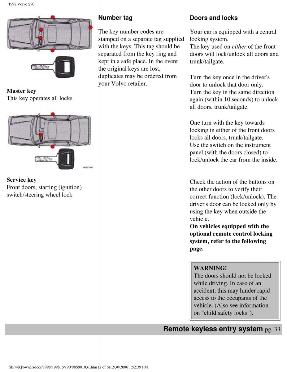 Volvo S90 V90 960 owners manual / page 43