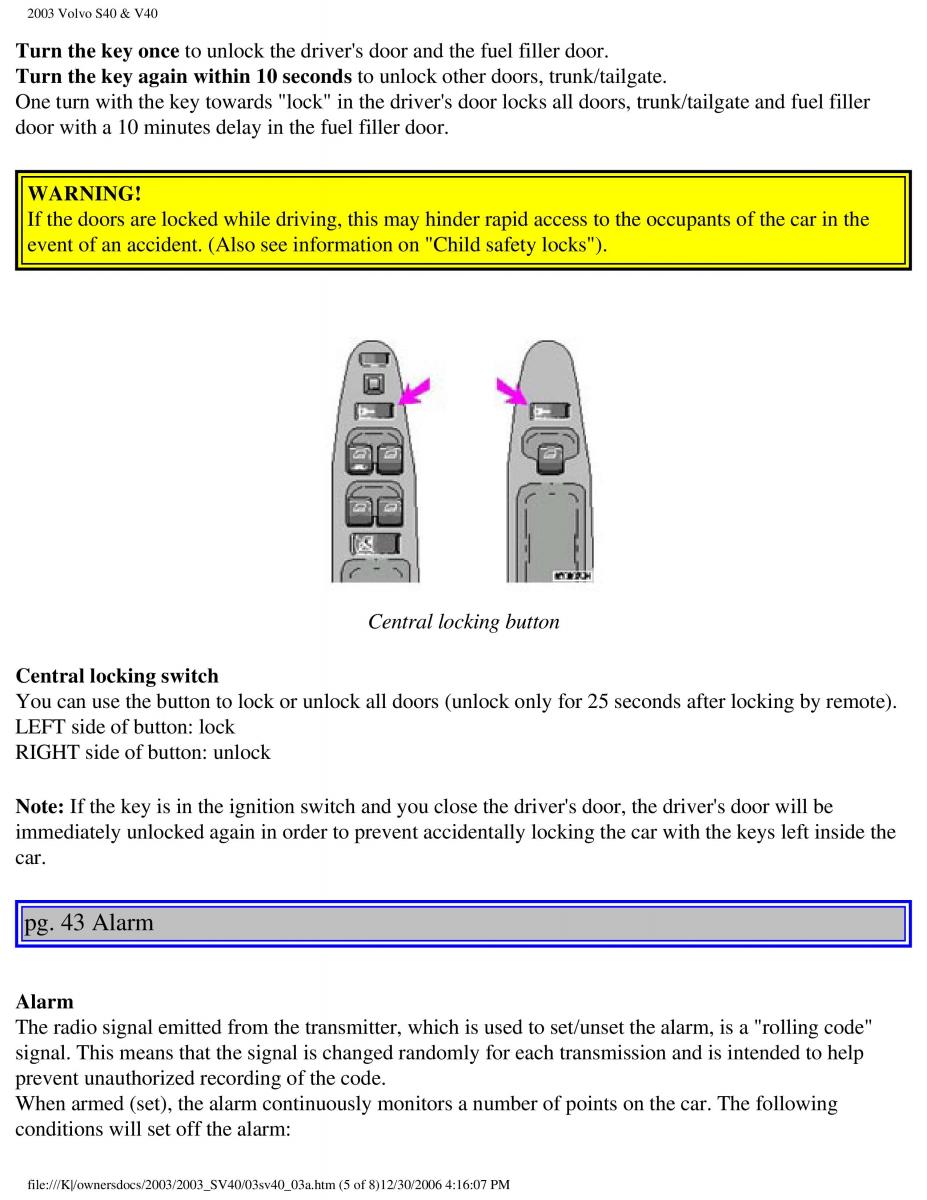 Volvo V40 S40 owners manual / page 62