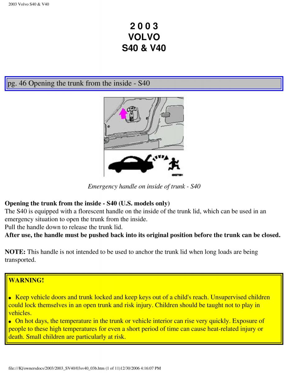 Volvo V40 S40 owners manual / page 66