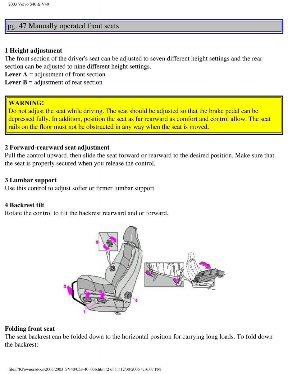 Volvo V40 S40 owners manual / page 67