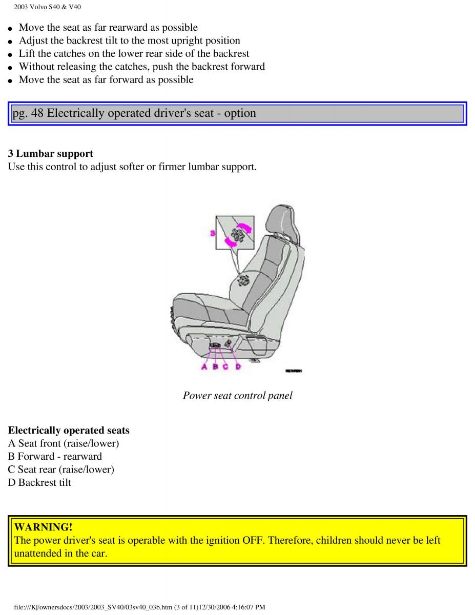 Volvo V40 S40 owners manual / page 68