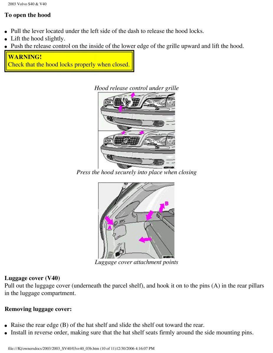 Volvo V40 S40 owners manual / page 75