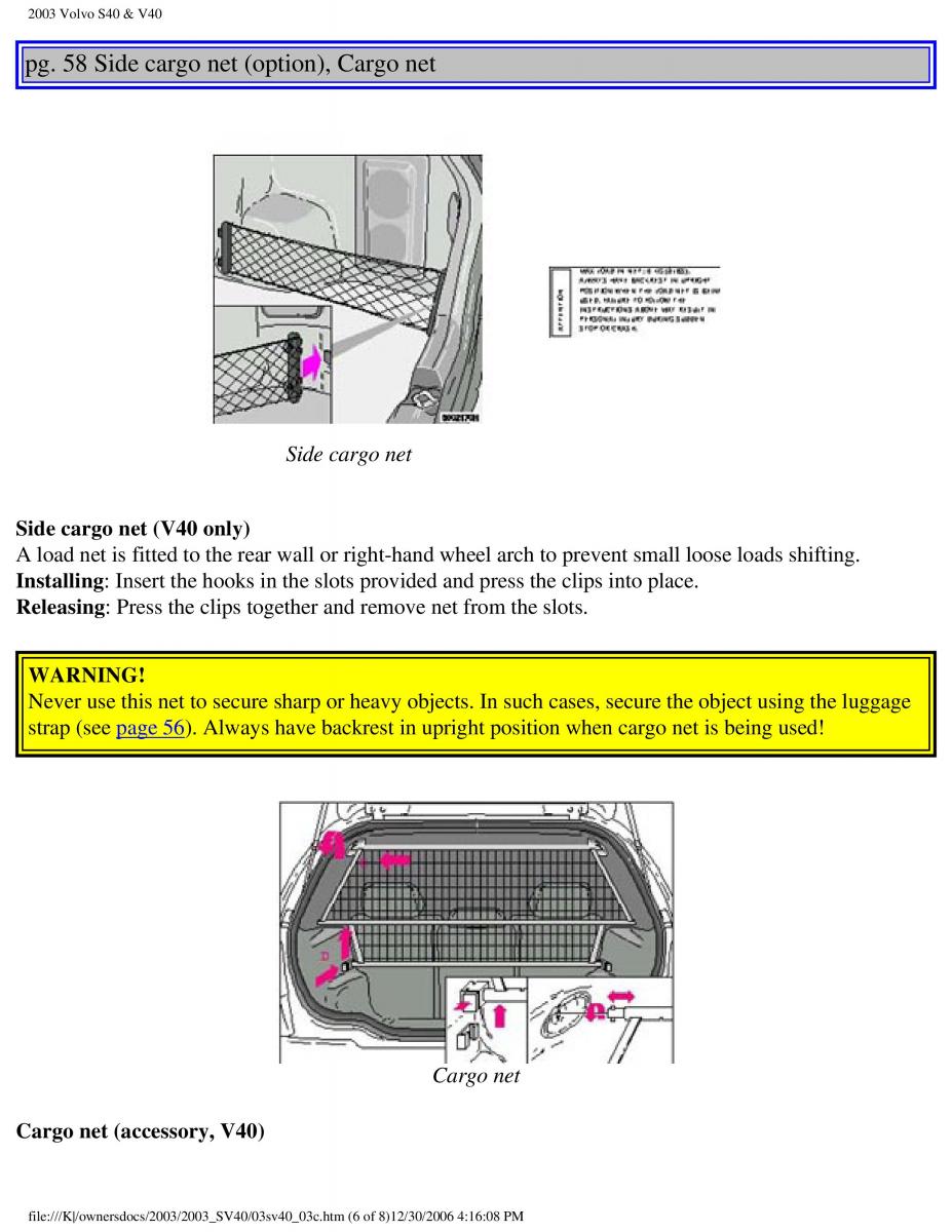 Volvo V40 S40 owners manual / page 82