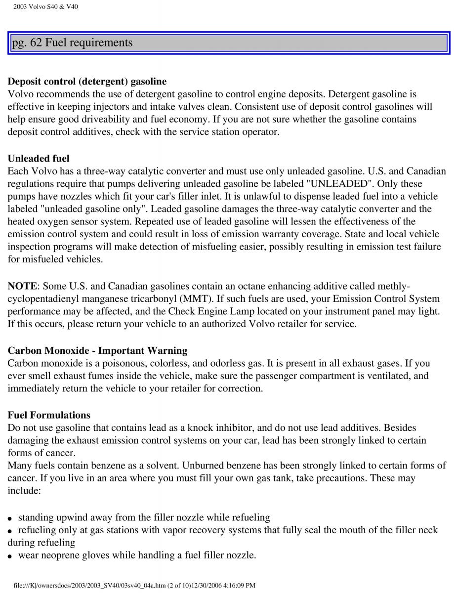 Volvo V40 S40 owners manual / page 86