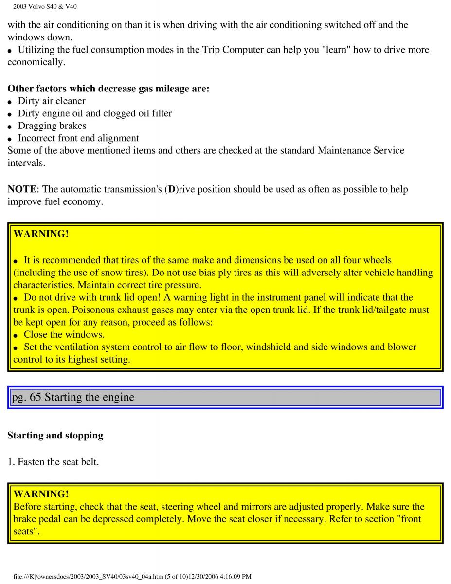 Volvo V40 S40 owners manual / page 89