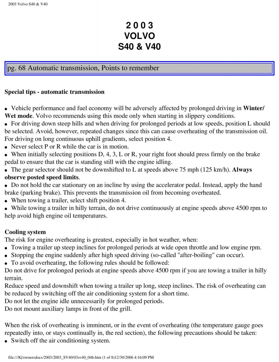 Volvo V40 S40 owners manual / page 95