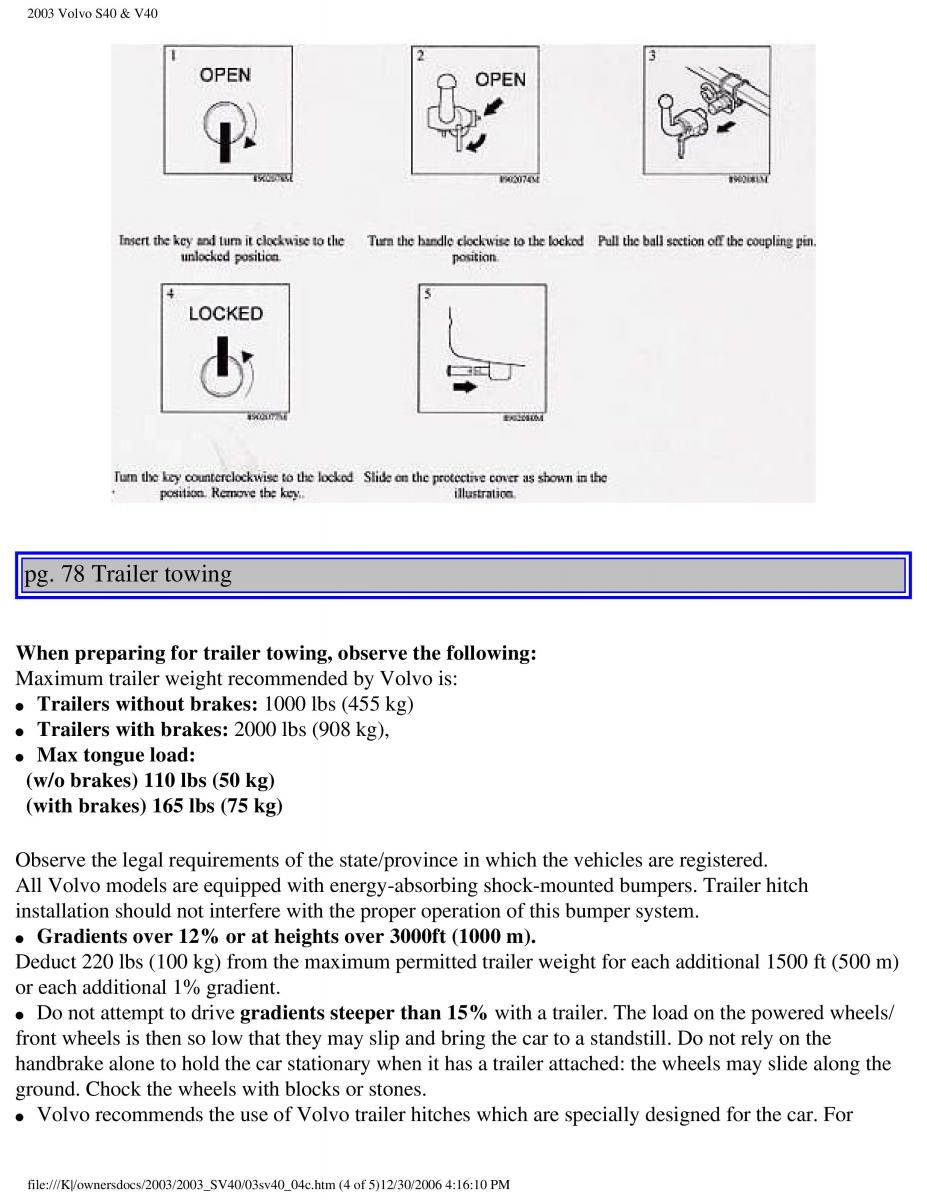 Volvo V40 S40 owners manual / page 106