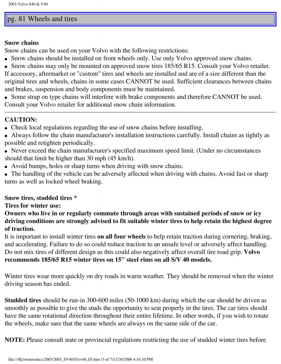 Volvo V40 S40 owners manual / page 110