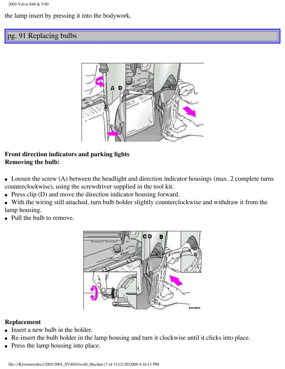 Volvo V40 S40 owners manual / page 121