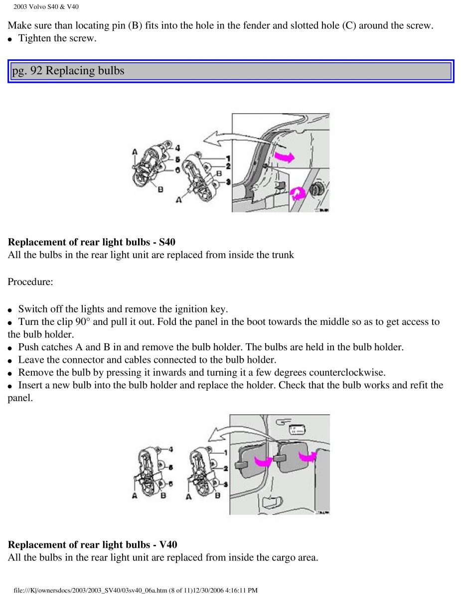 Volvo V40 S40 owners manual / page 122