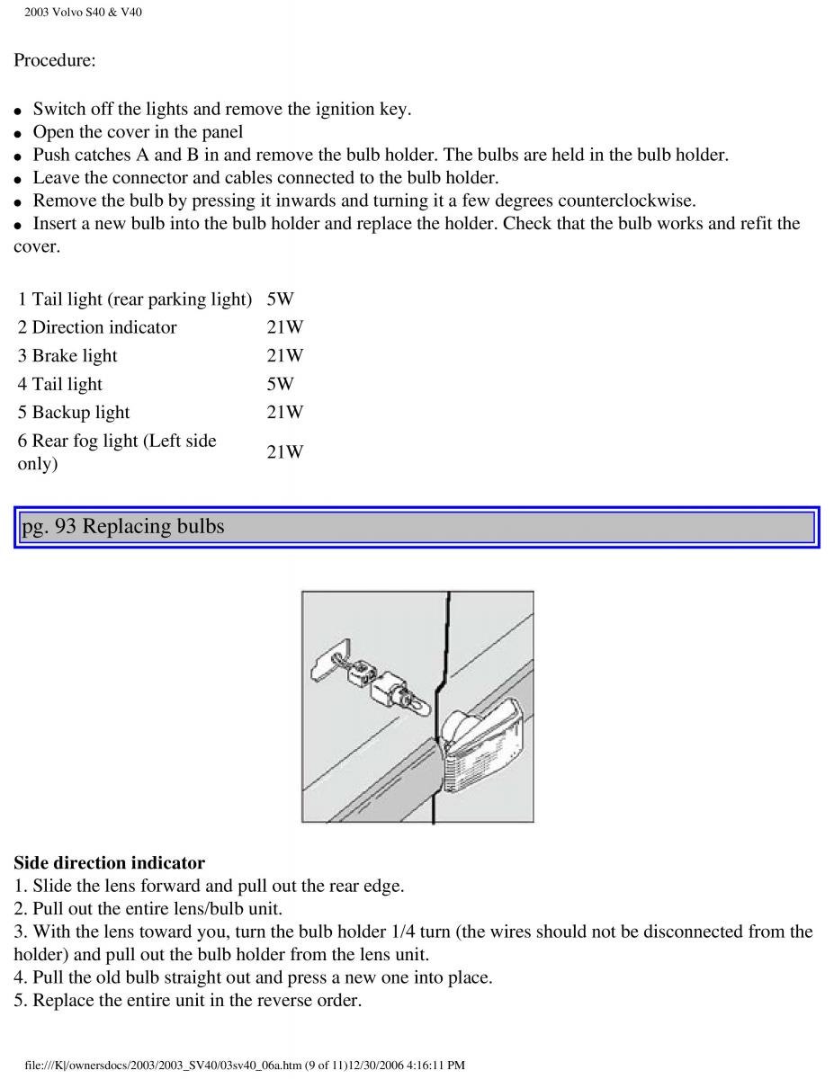 Volvo V40 S40 owners manual / page 123