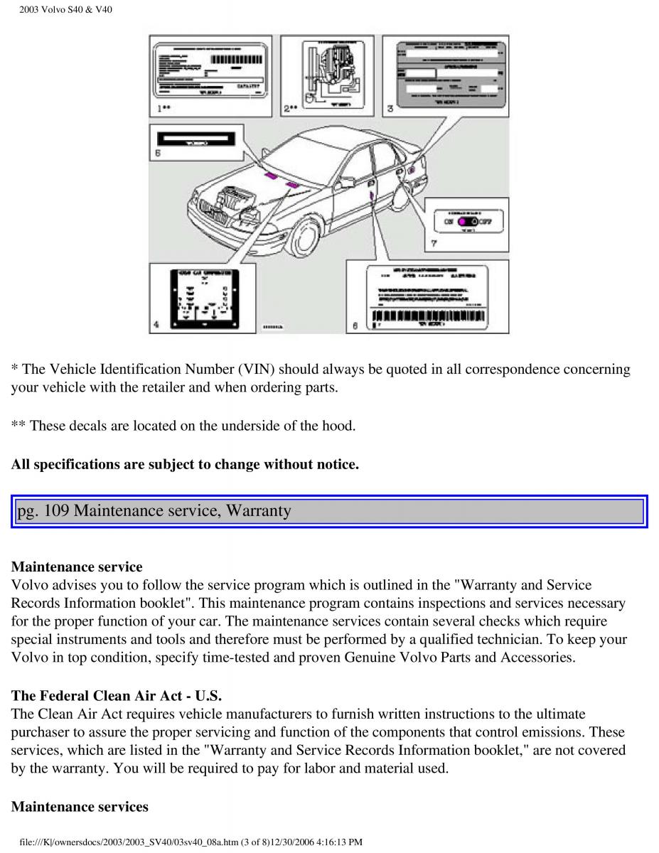 Volvo V40 S40 owners manual / page 142