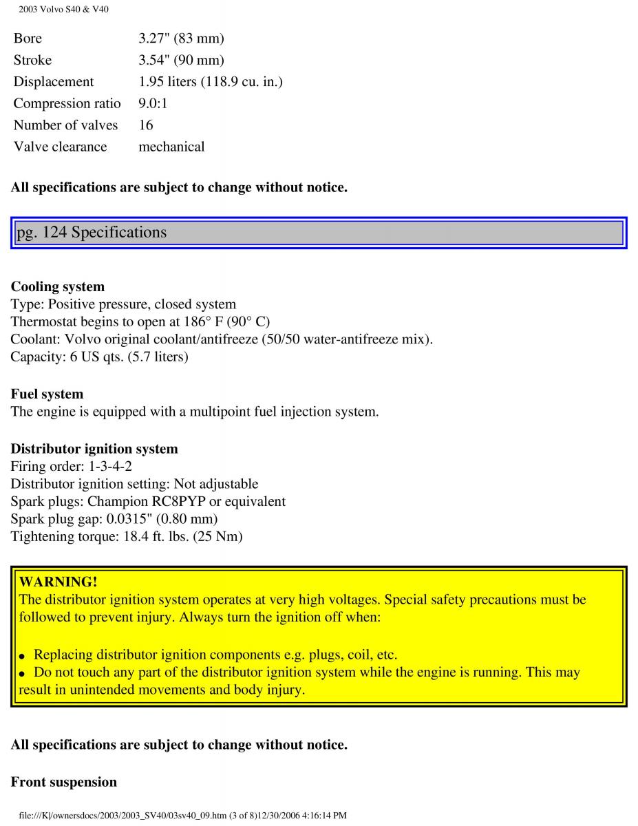 Volvo V40 S40 owners manual / page 158