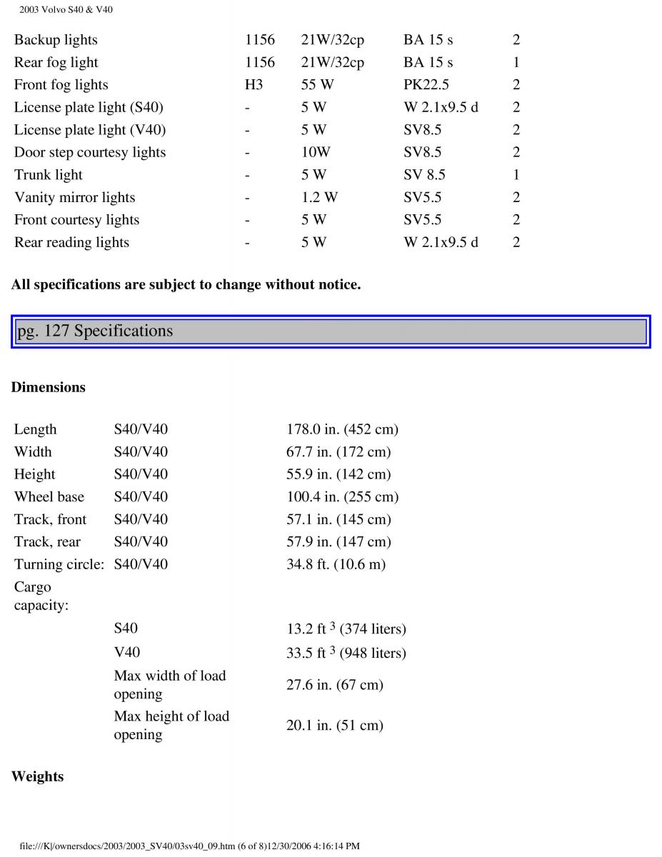 Volvo V40 S40 owners manual / page 161