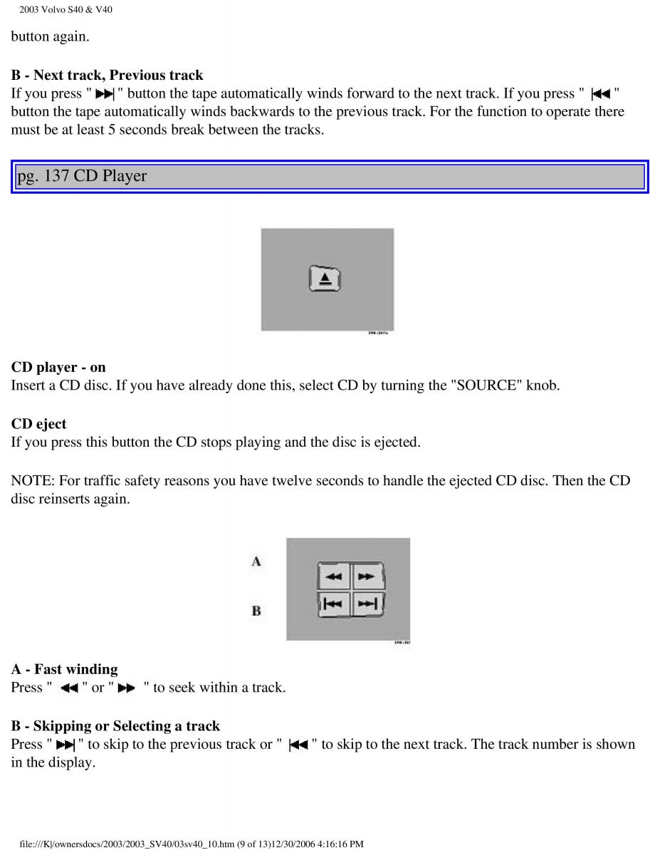 Volvo V40 S40 owners manual / page 172