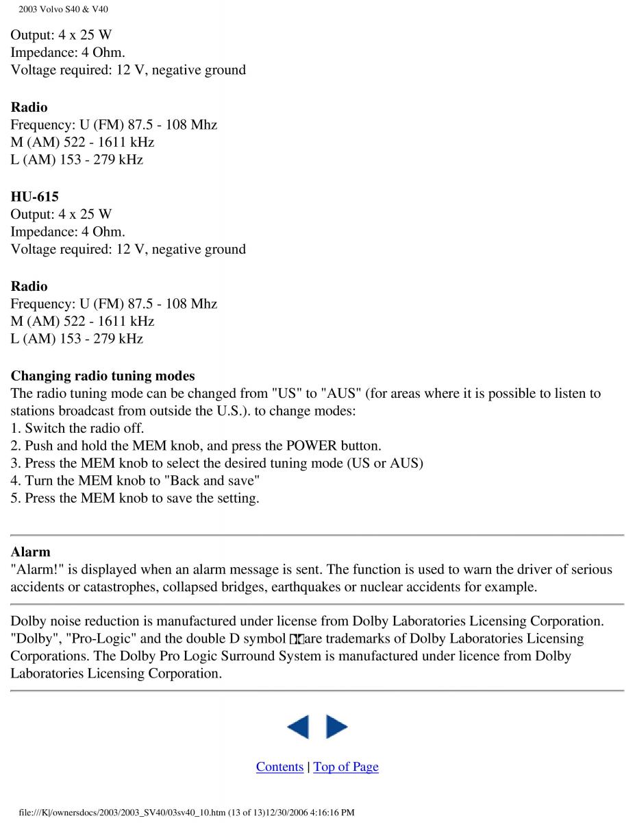 Volvo V40 S40 owners manual / page 176