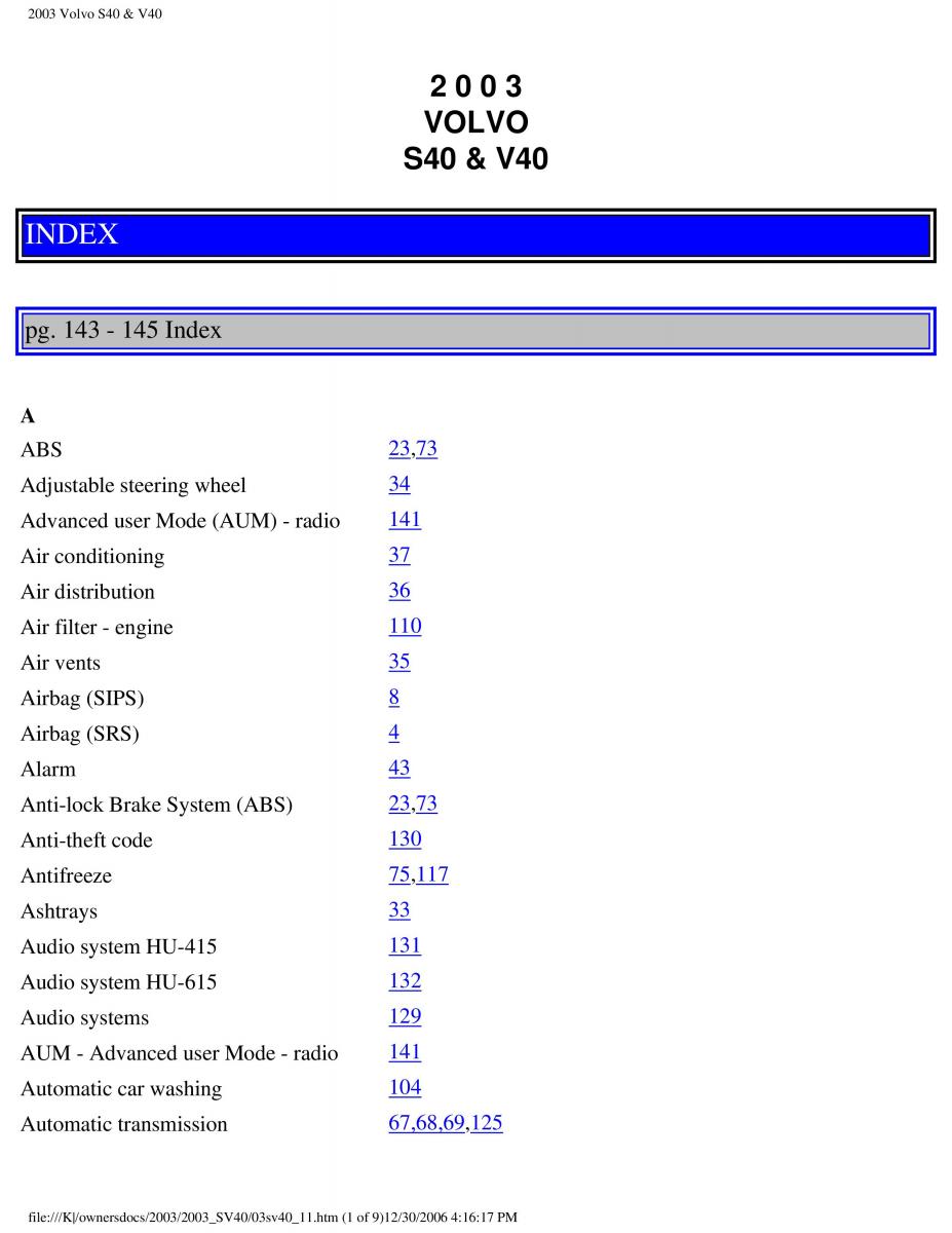 Volvo V40 S40 owners manual / page 177