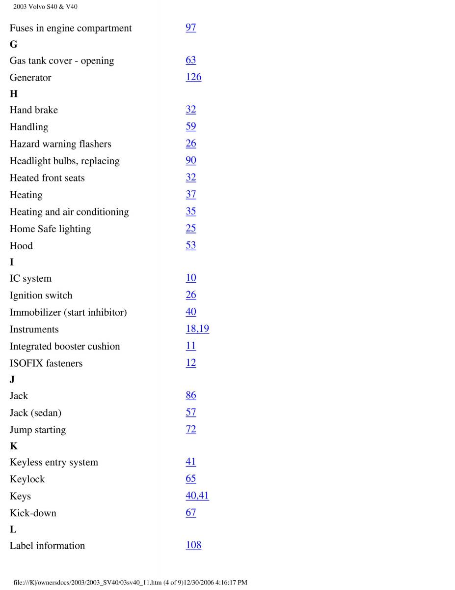 Volvo V40 S40 owners manual / page 180