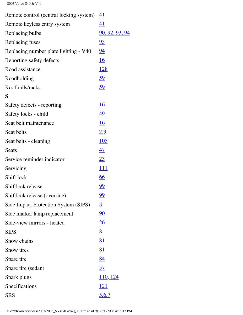 Volvo V40 S40 owners manual / page 182