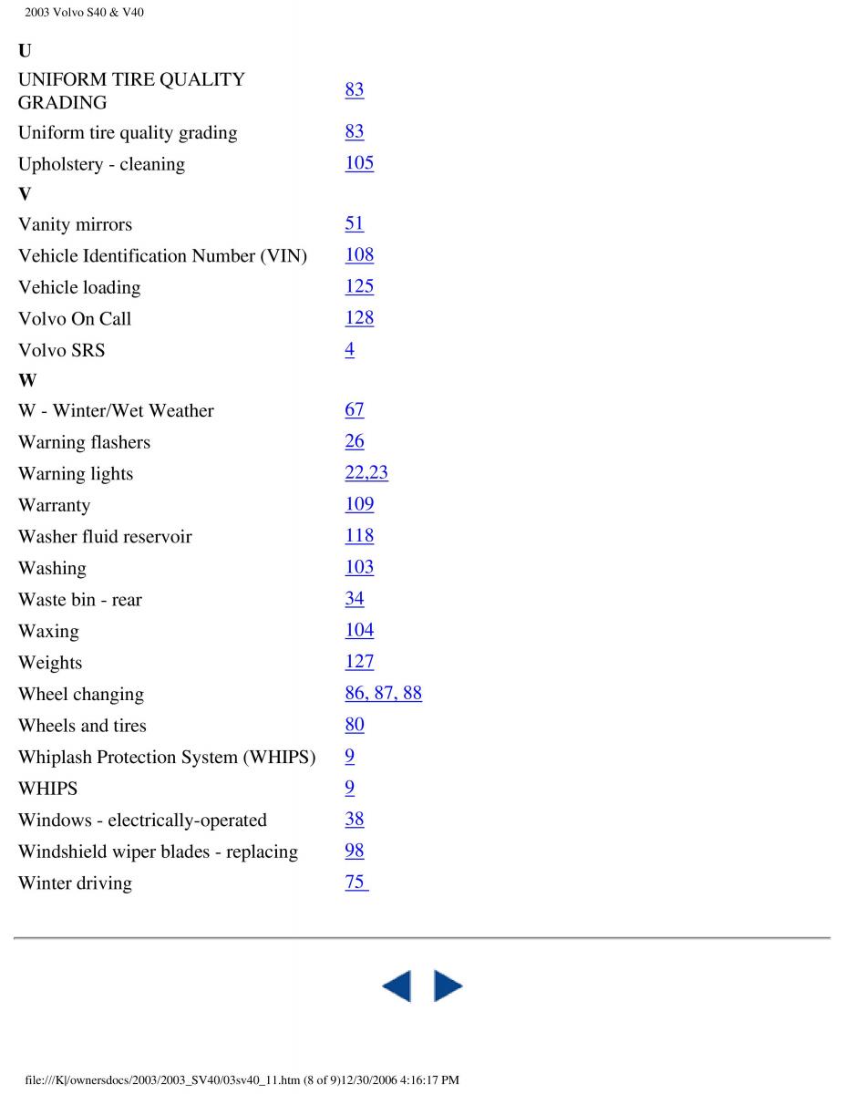 Volvo V40 S40 owners manual / page 184