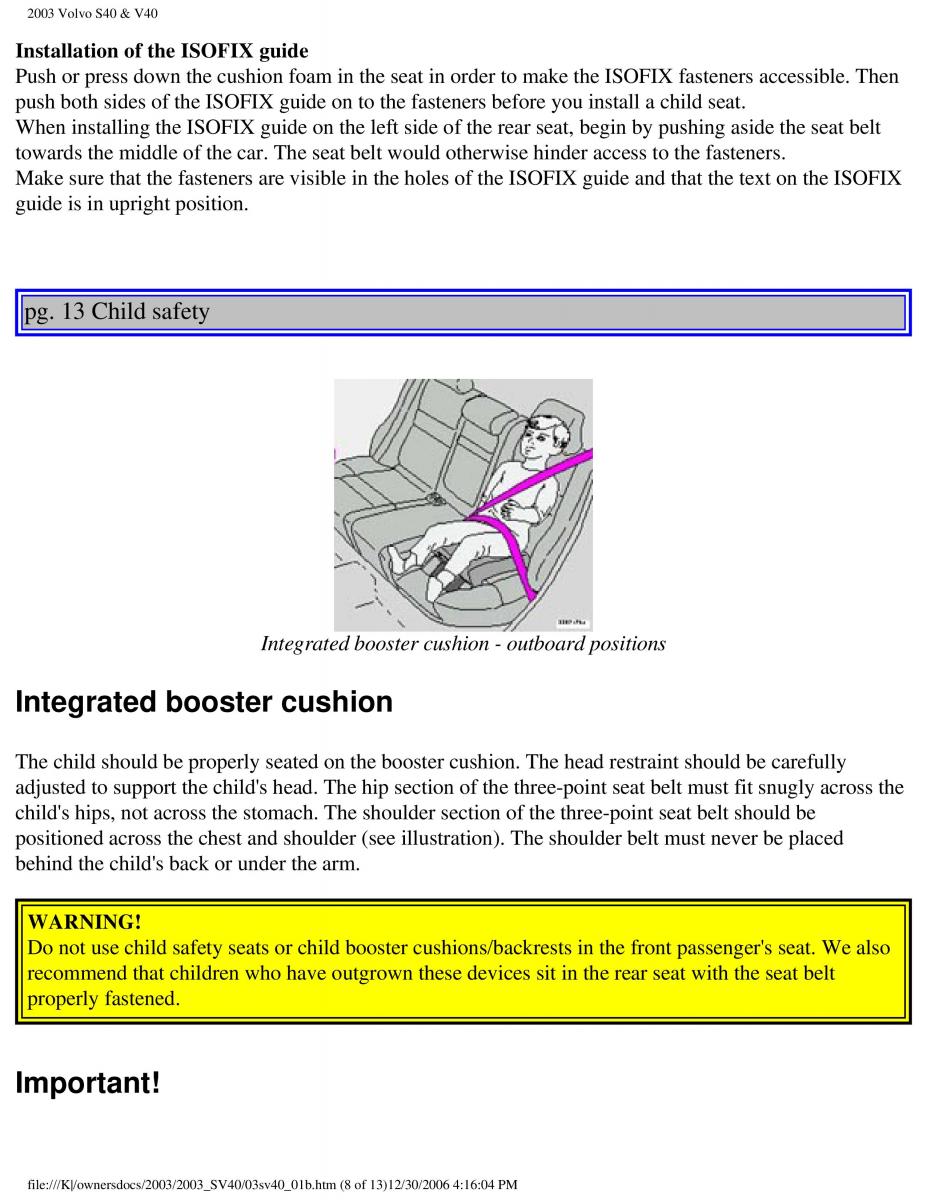 Volvo V40 S40 owners manual / page 22