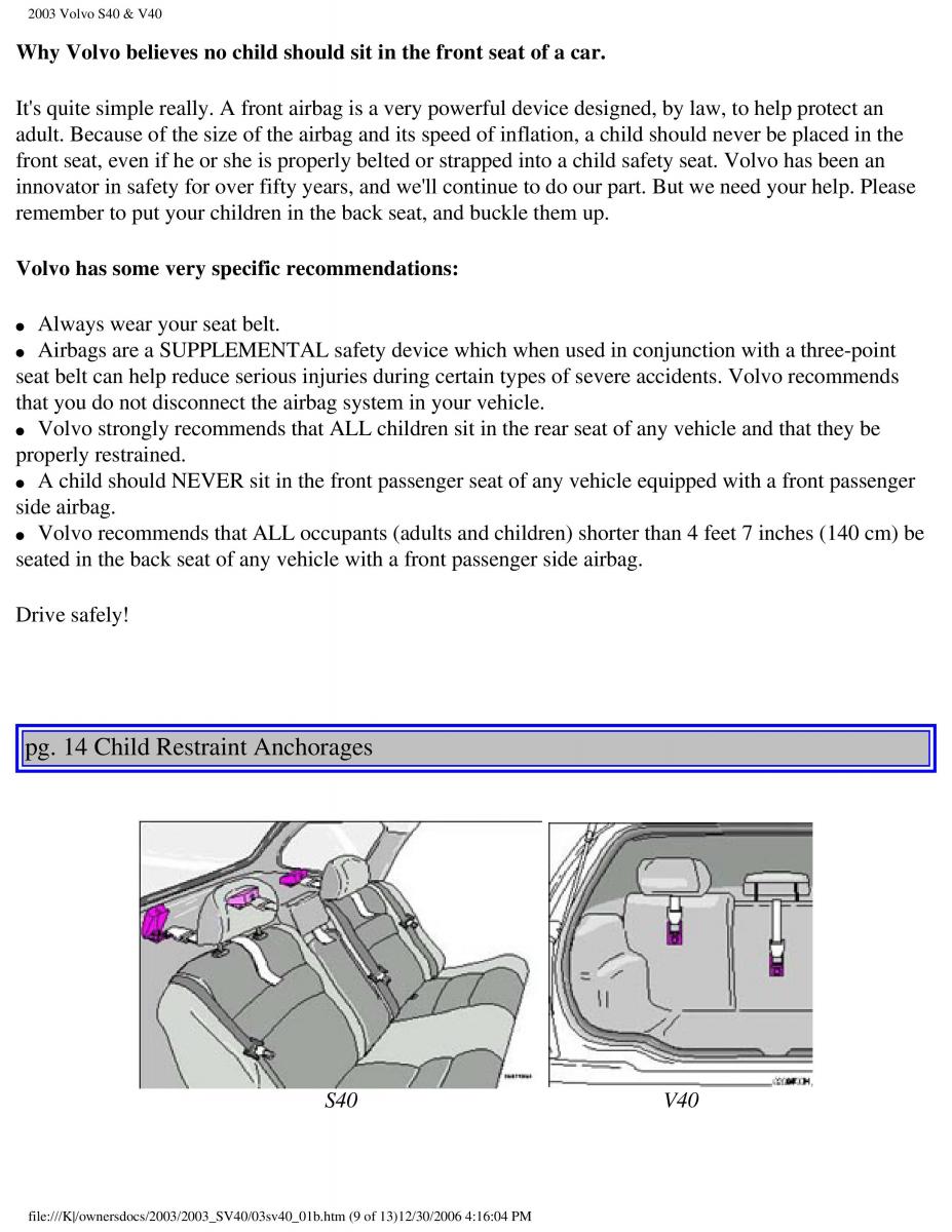 Volvo V40 S40 owners manual / page 23