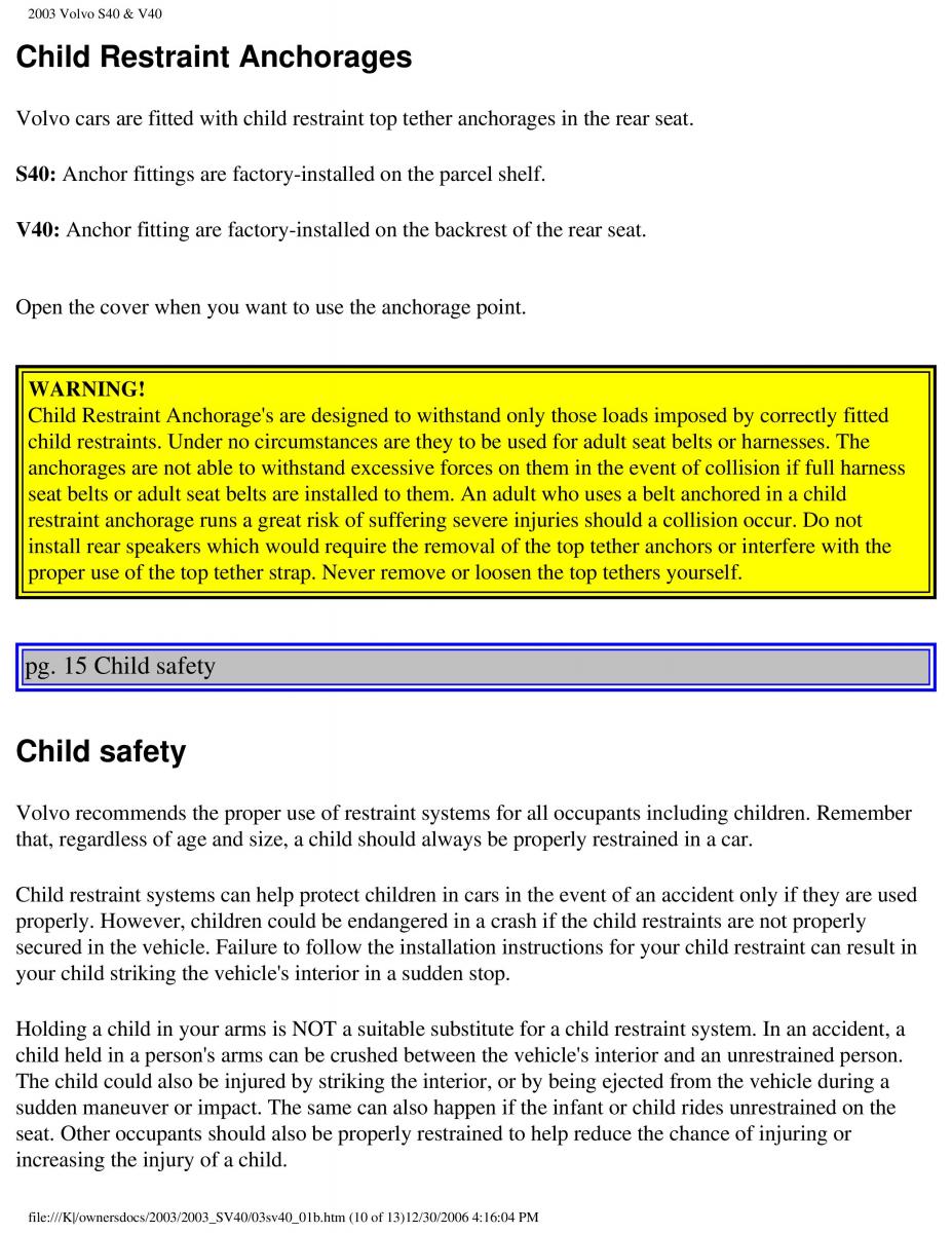 Volvo V40 S40 owners manual / page 24