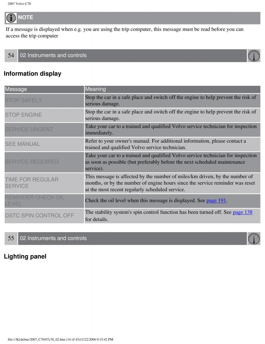 Volvo C70 M II 2 owners manual / page 62