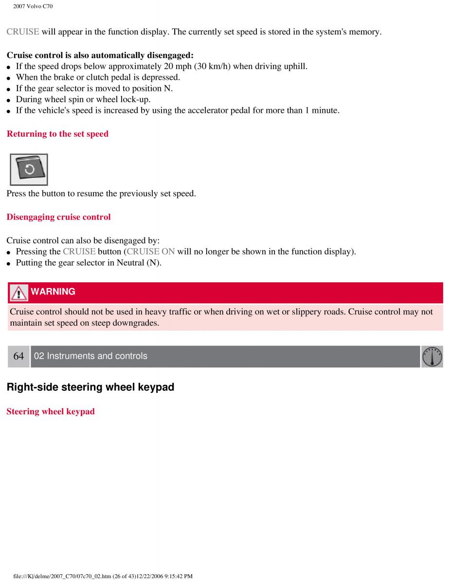 Volvo C70 M II 2 owners manual / page 74