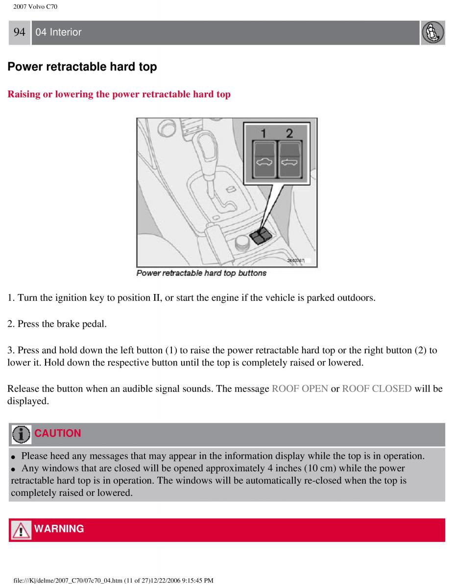 Volvo C70 M II 2 owners manual / page 112