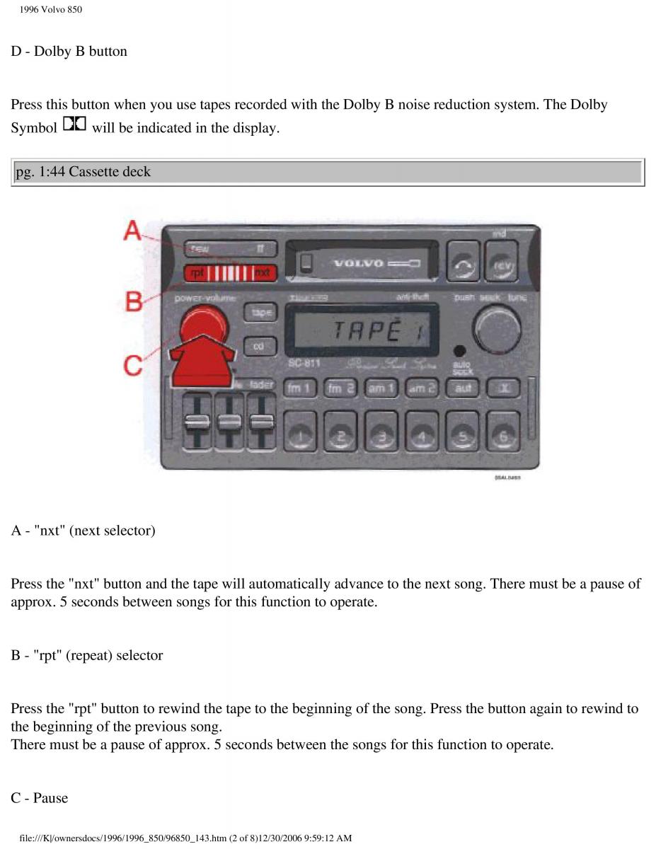 Volvo 850 owners manual / page 64