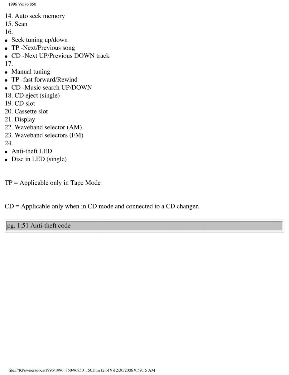 Volvo 850 owners manual / page 72