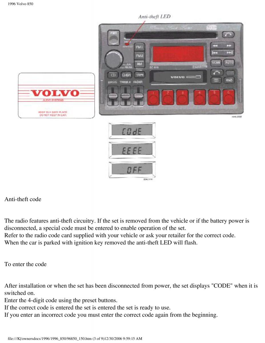 Volvo 850 owners manual / page 73