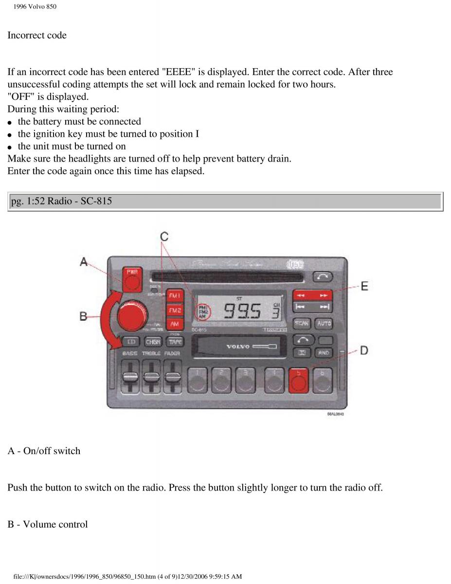 Volvo 850 owners manual / page 74