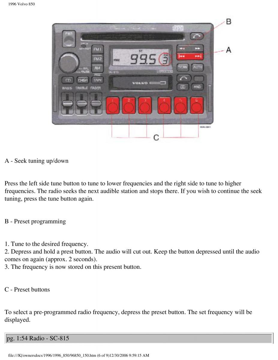 Volvo 850 owners manual / page 76