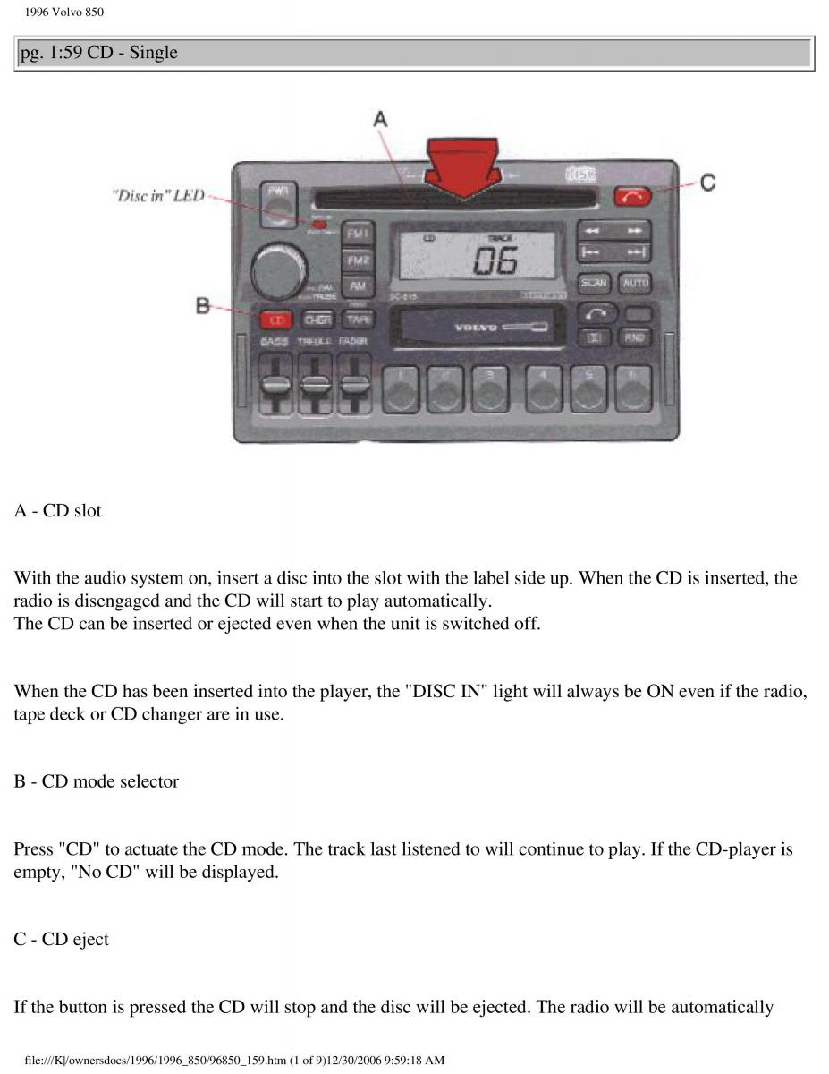 Volvo 850 owners manual / page 84