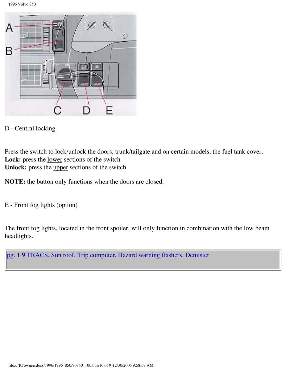 Volvo 850 owners manual / page 15