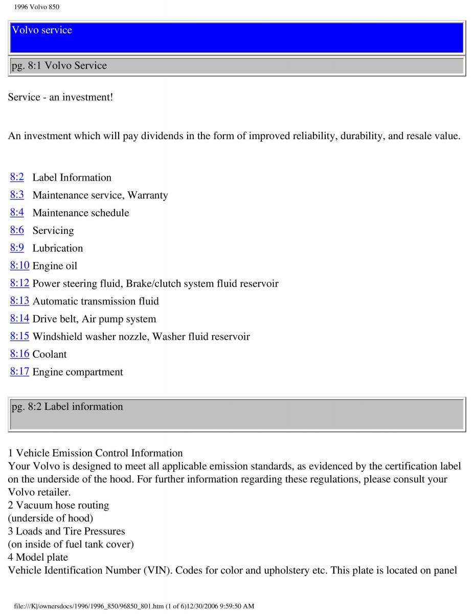 Volvo 850 owners manual / page 226