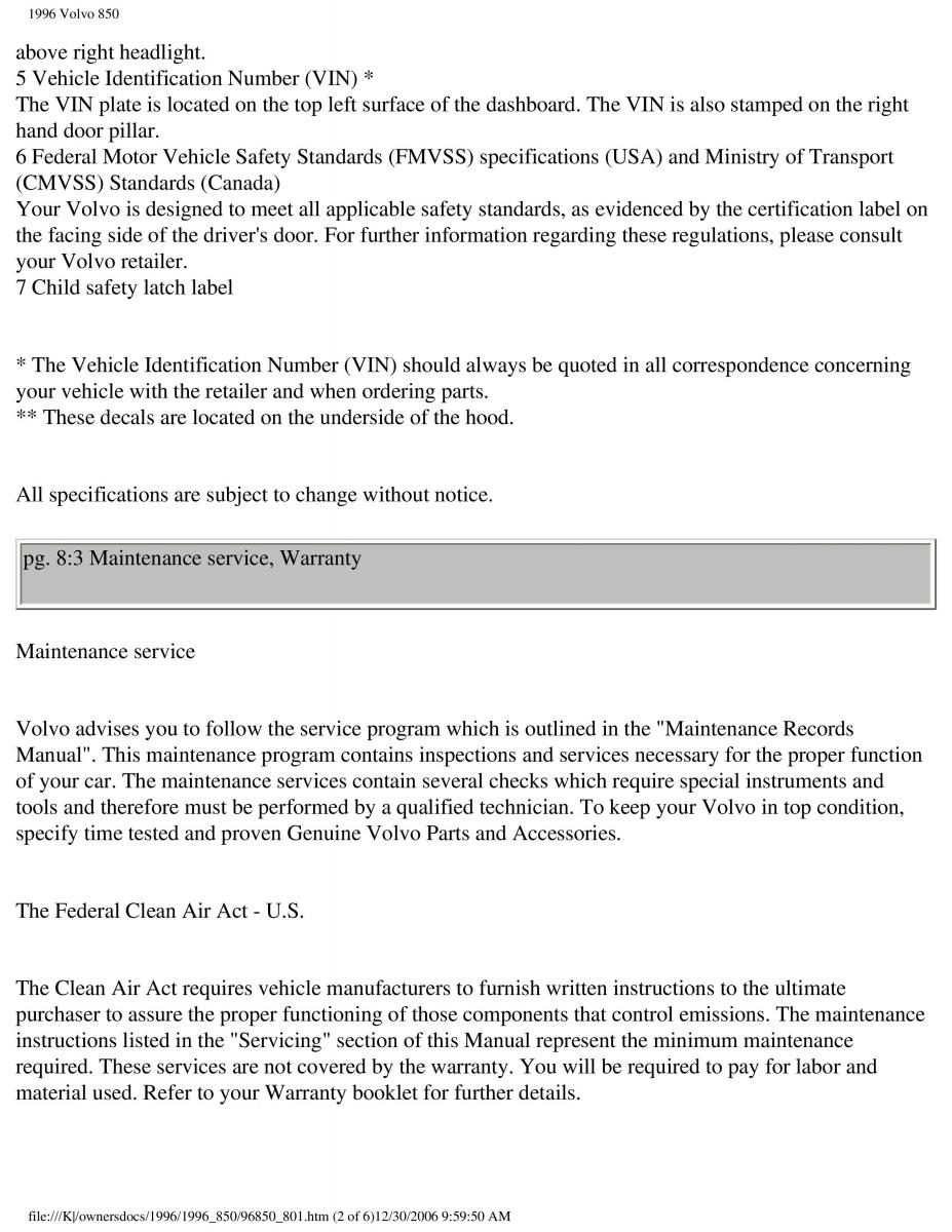 Volvo 850 owners manual / page 227