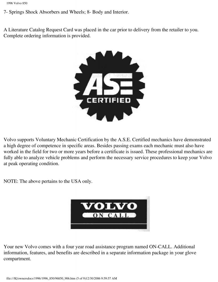 Volvo 850 owners manual / page 261